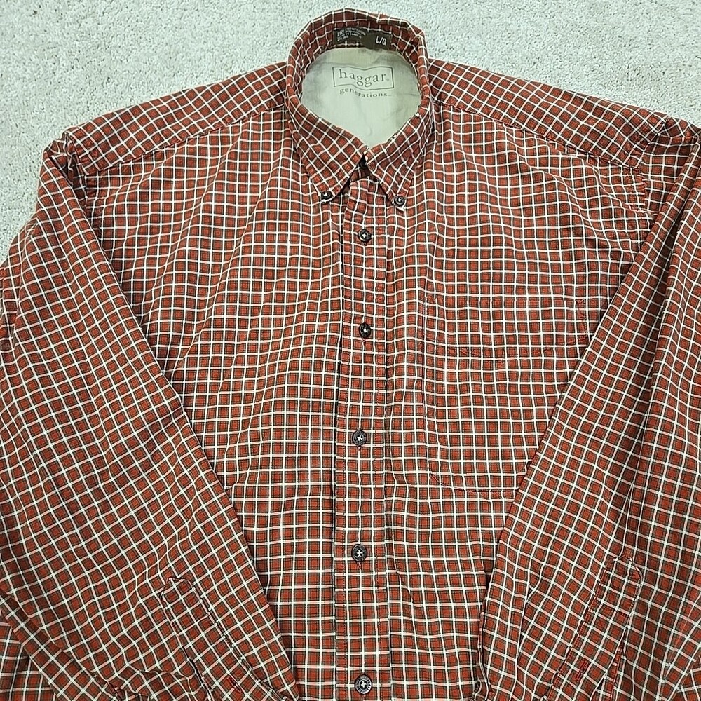Haggar Men's Plaid Long Sleeve Casual Red Button Down Shirt Size L